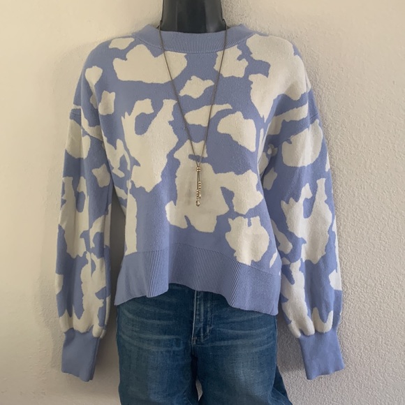 Halogen NORDSTROM Blue & White Abstract Cropped Sweater Long Sleeve Size M - Picture 8 of 10